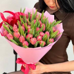 Букет из 35 пионовидных тюльпанов Колумбус с бантом в Москве