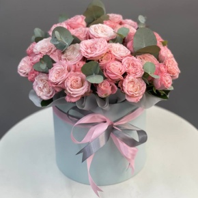 Композиция в шляпной коробке из нежных кустовых пионовидных роз Мадам Бомбастик в Москве