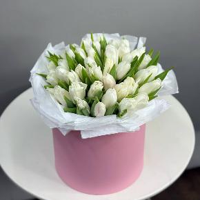 Букет из 49 белых тюльпанов в розовой коробке в Москве