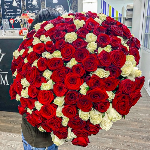 Букет 151 роза красный и белый микс (60 см) в Москве