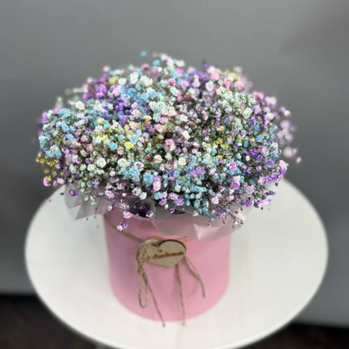 Композиция из разноцветной гипсофилы в розовой коробке в Москве